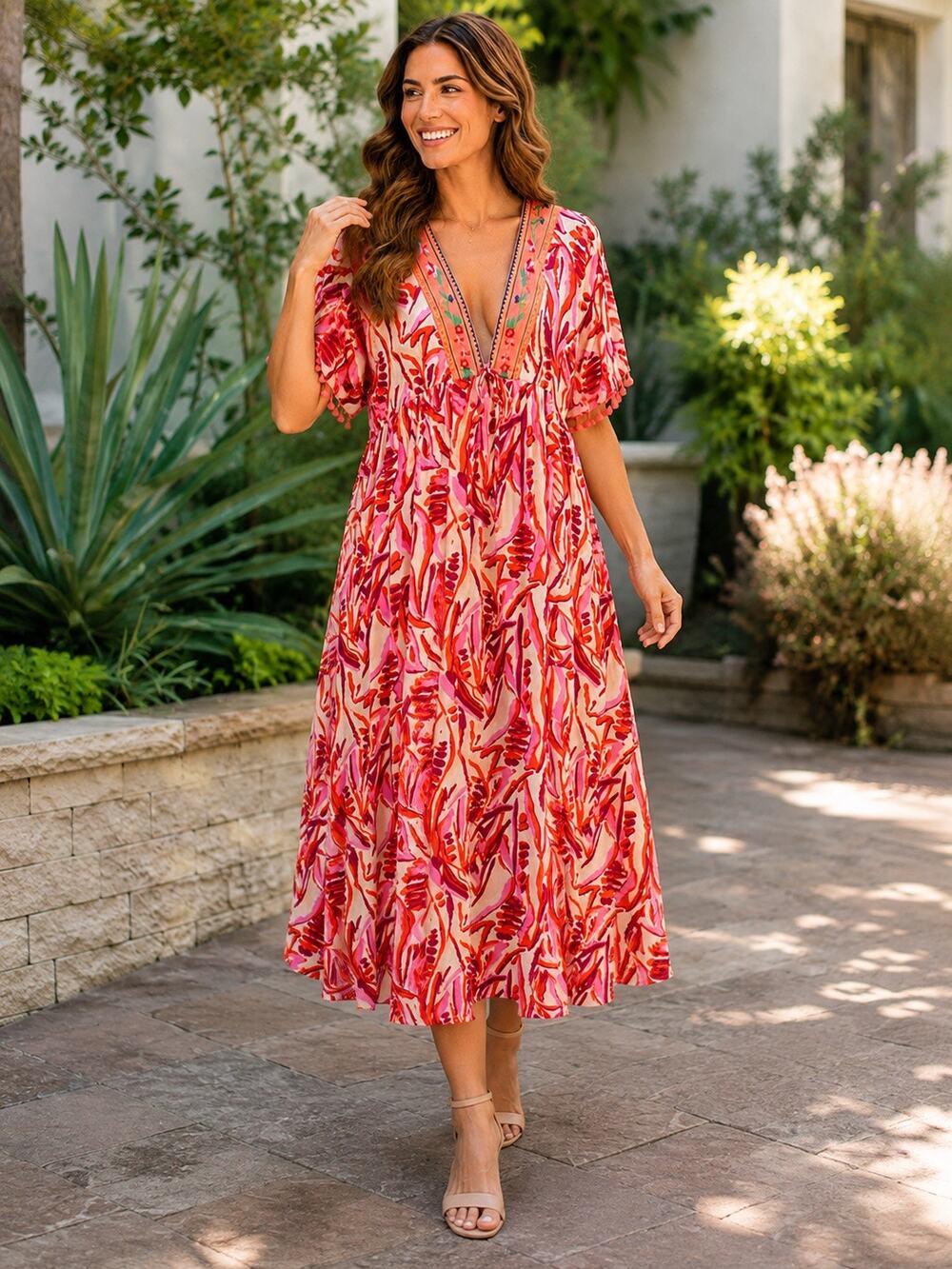 Umgee Small NWT Boho Maxi Dress Embroidered V Neck Pom Pom Tropical Pink Orange
